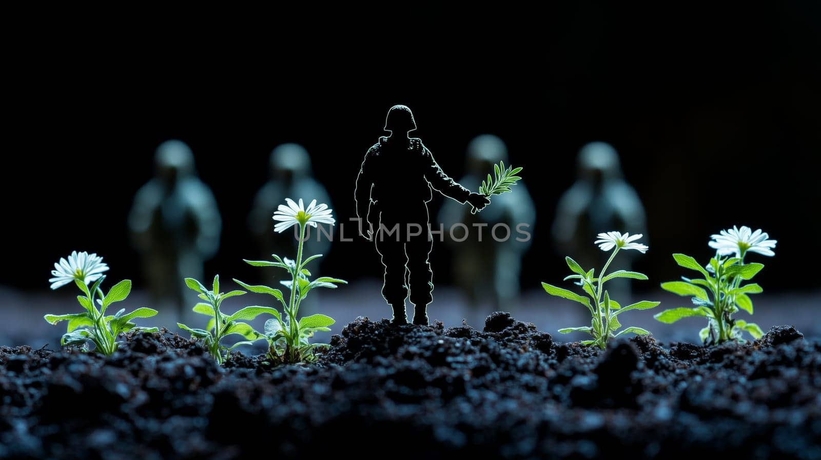 A miniature toy soldier holding a daisy approaches a line of flowers, symbolizing peace and anti-war sentiment in a creative, dark-toned scene.