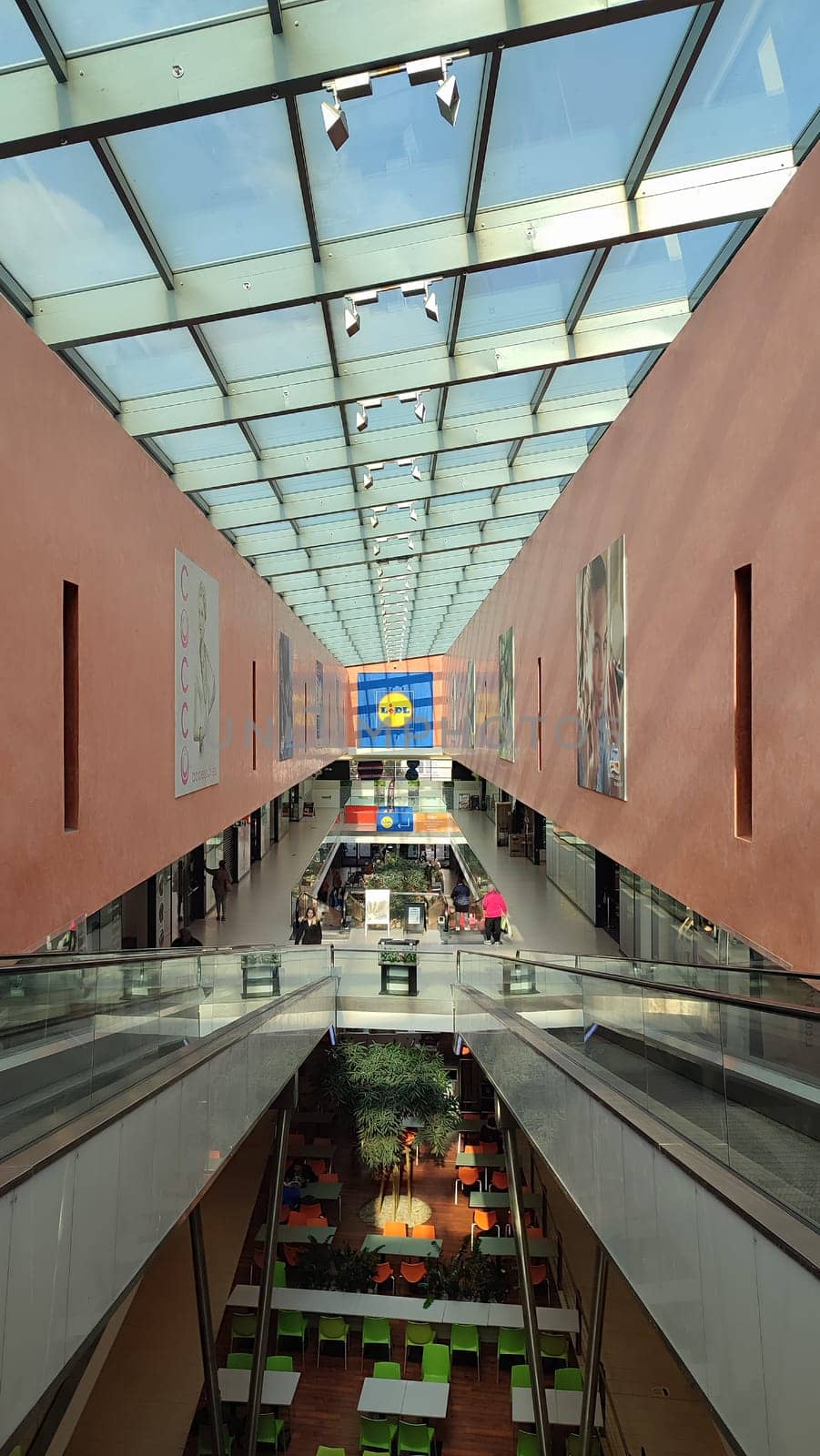 October 22 2024 Hradec Kralove, Czech Republic Europe, Kralov region, Kralovehradecky kraj, shopping mall, escalator, commercial building. High quality photo