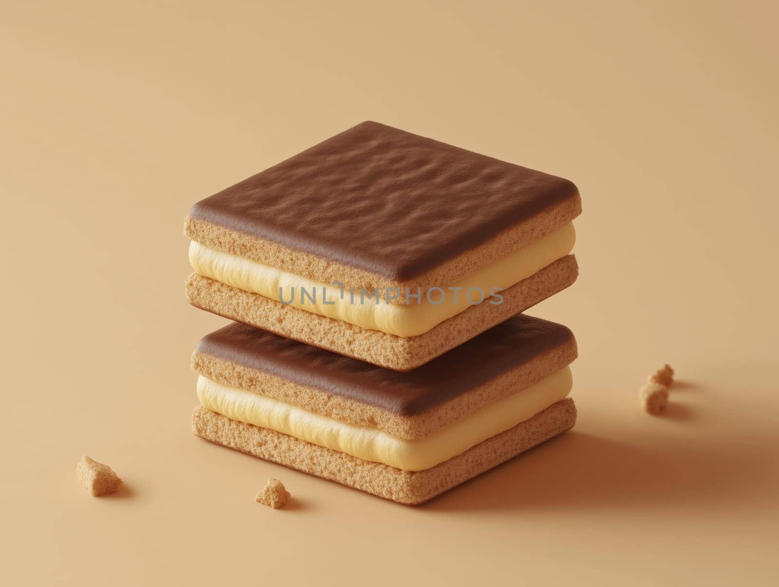 Close-up of stacked square sandwich biscuits with chocolate top layer and cream filling on a beige background, showcasing texture and layered structure. No people.