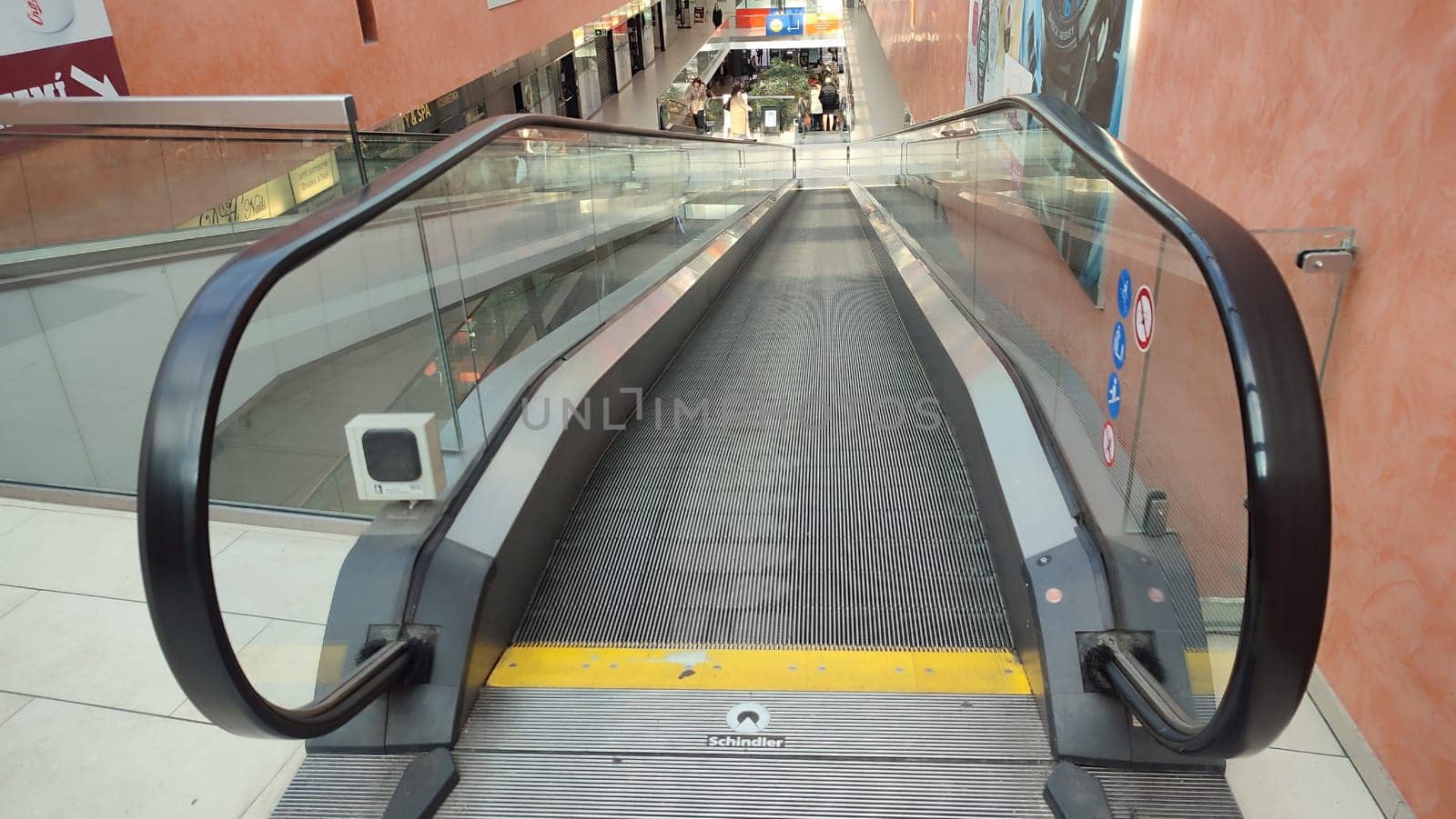 October 22 2024 Hradec Kralove, Czech Republic Europe, Kralov region, Kralovehradecky kraj, shopping mall, escalator, commercial building. High quality photo