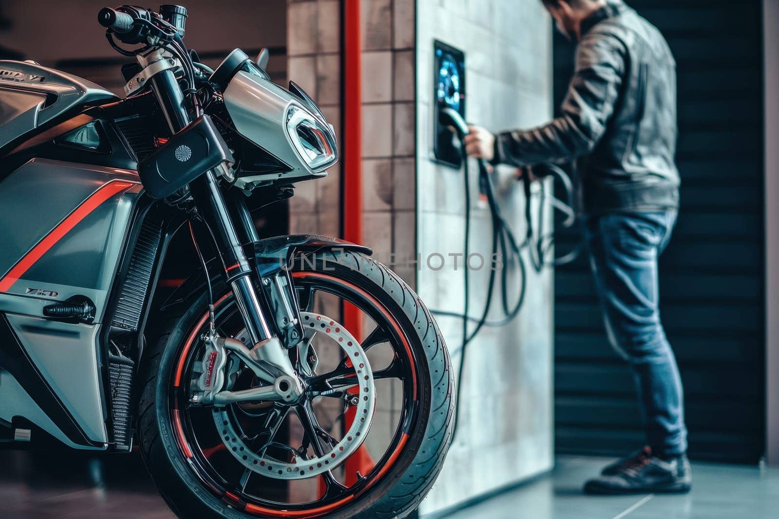 A person charges a modern electric motorcycle in an urban environment, showcasing the blend of technology and lifestyle in contemporary transportation.