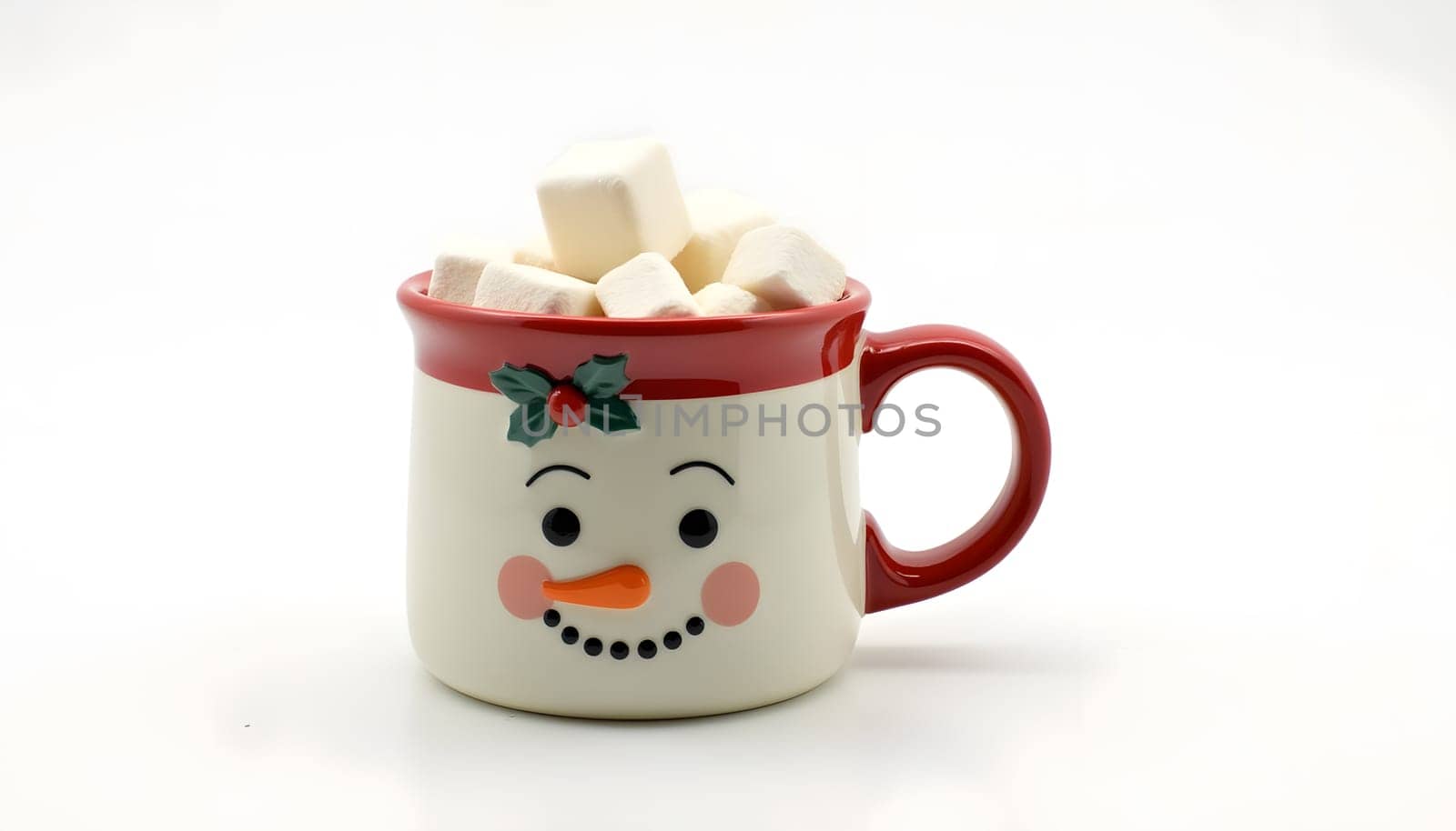 A holiday-themed mug filled with marshmallows, fully isolated against a simple background to draw attention to its design. Perfect for cozy winter themes and holiday warmth