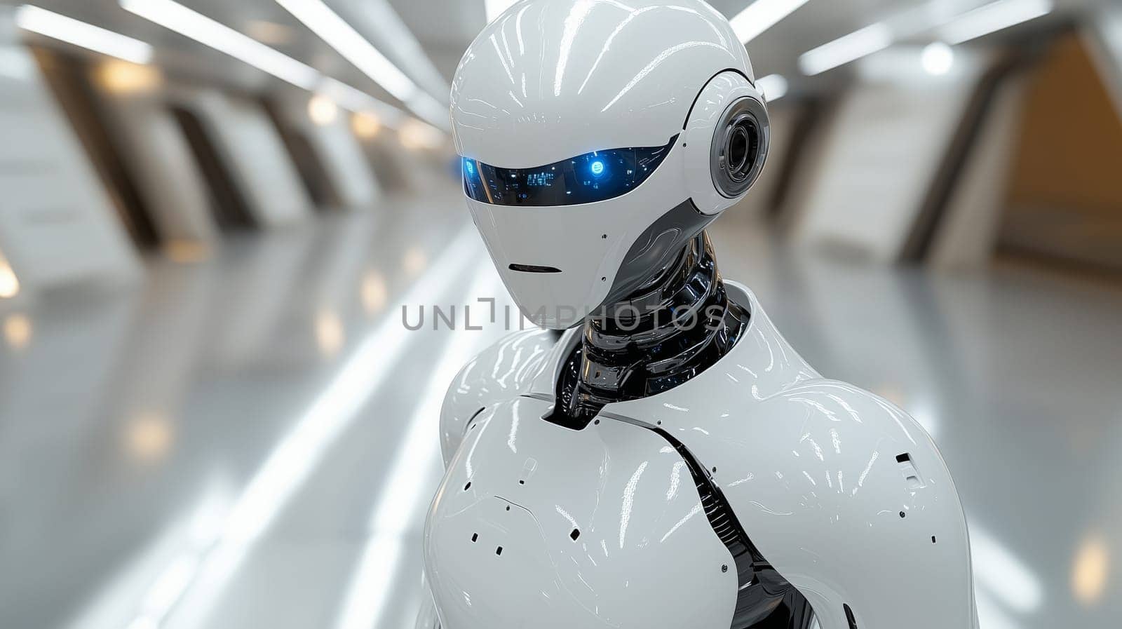 A close-up of a futuristic white robot with blue eyes in a sleek, modern hallway, representing advanced AI technology and robotics in a high-tech environment.