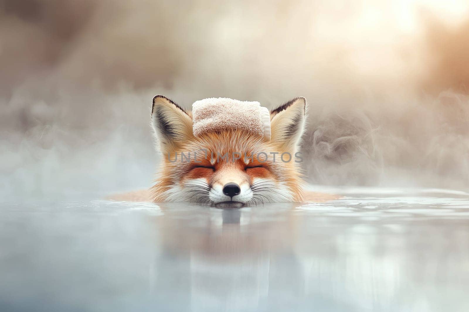 serene fox relaxing in water with towel on its head, exuding calmness.