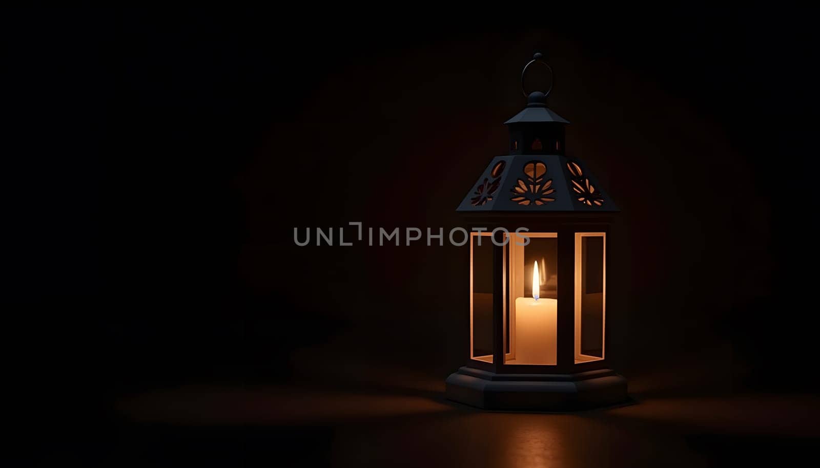 A decorative Christmas lantern with a glowing candle inside, fully isolated against a dark background to highlight its warm light. Perfect for creating a cozy and festive holiday atmosphere