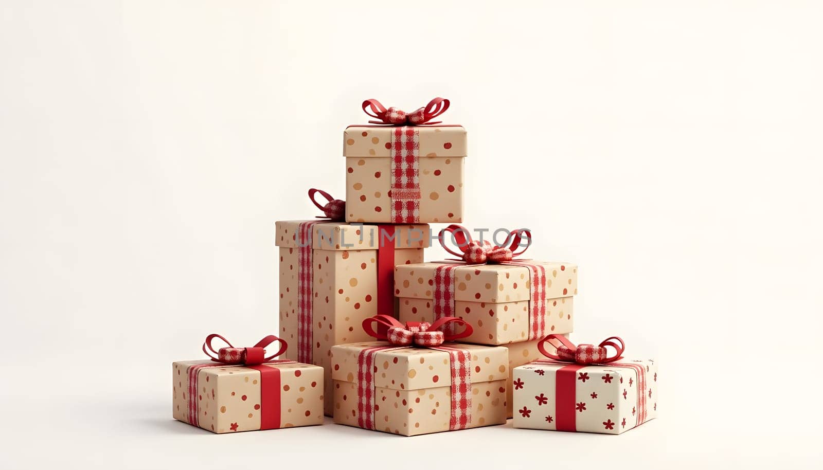 A stack of beautifully wrapped presents in different patterns, isolated on a simple background to emphasize their festive appeal. Ideal for holiday gifting and celebrations