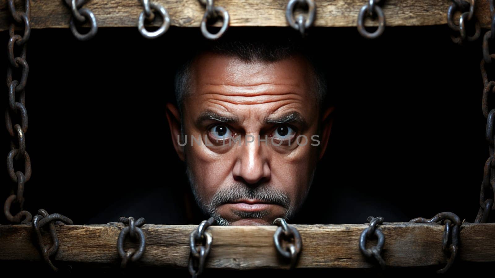 A serious, older man looks out through a barred, chained opening, surrounded by darkness. The intense gaze and chains suggest confinement, mystery, or imprisonment