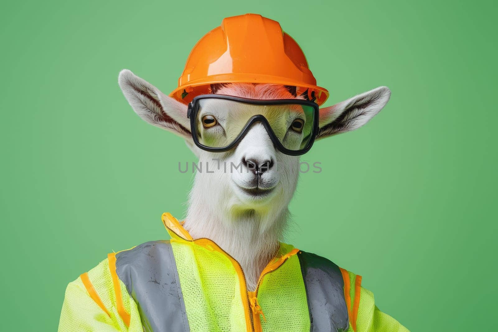 mountain goat in safety attire, wearing hard hat and goggles, dabbing.
