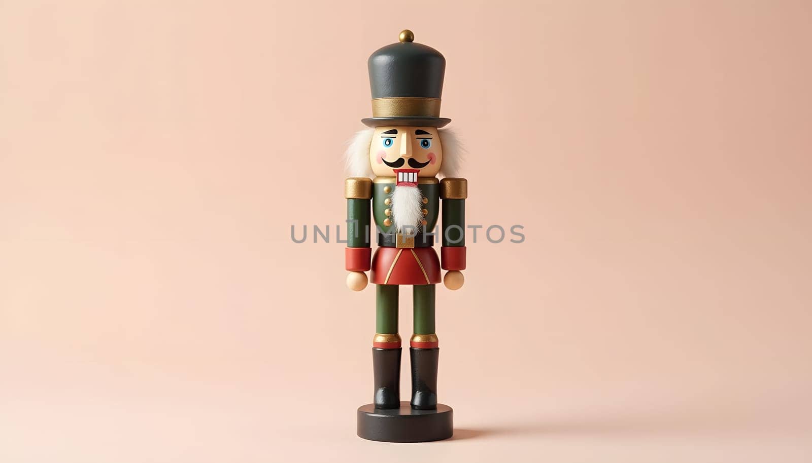 A hand-painted wooden nutcracker, fully isolated on a plain background, emphasizing its intricate craftsmanship and colors. Perfect for traditional Christmas themes and holiday decor