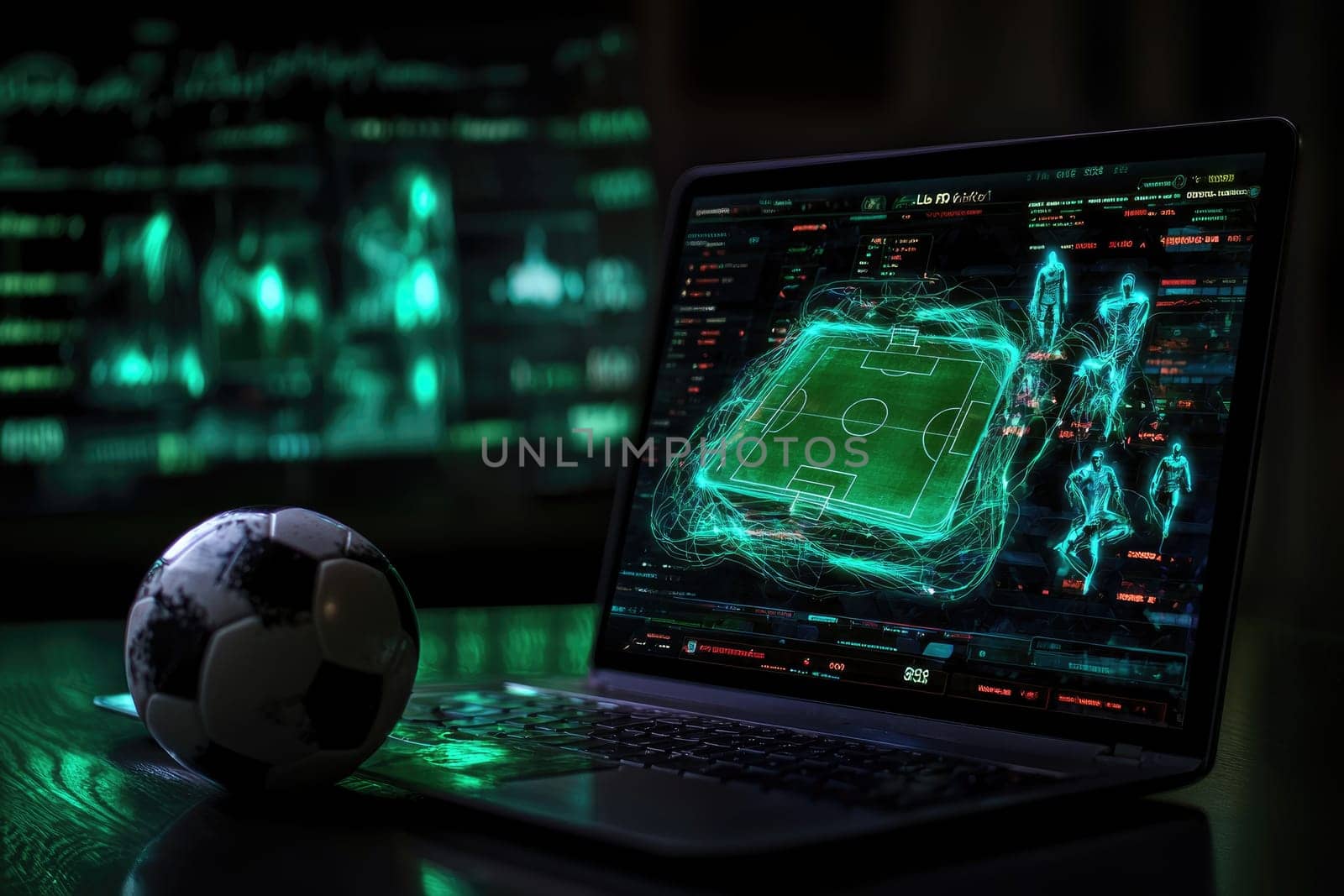 Soccer analytics on laptop screen with glowing graphics and ball.