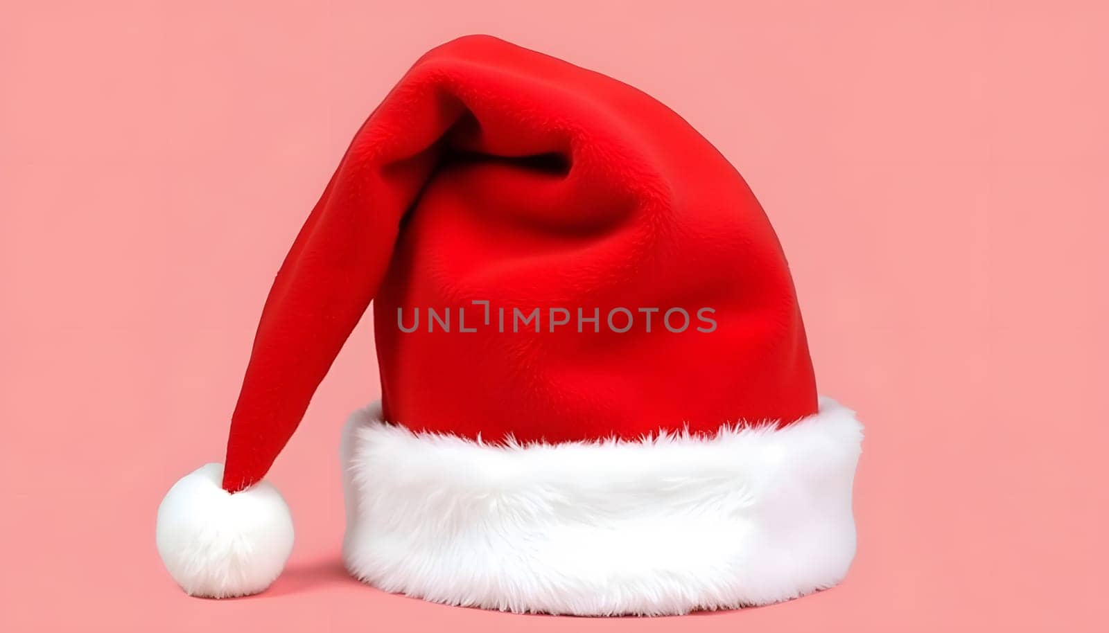 A classic red Santa hat with fluffy white trim, fully isolated on a plain background, showing off its softness and festive flair. Ideal for holiday themes and Christmas cheer