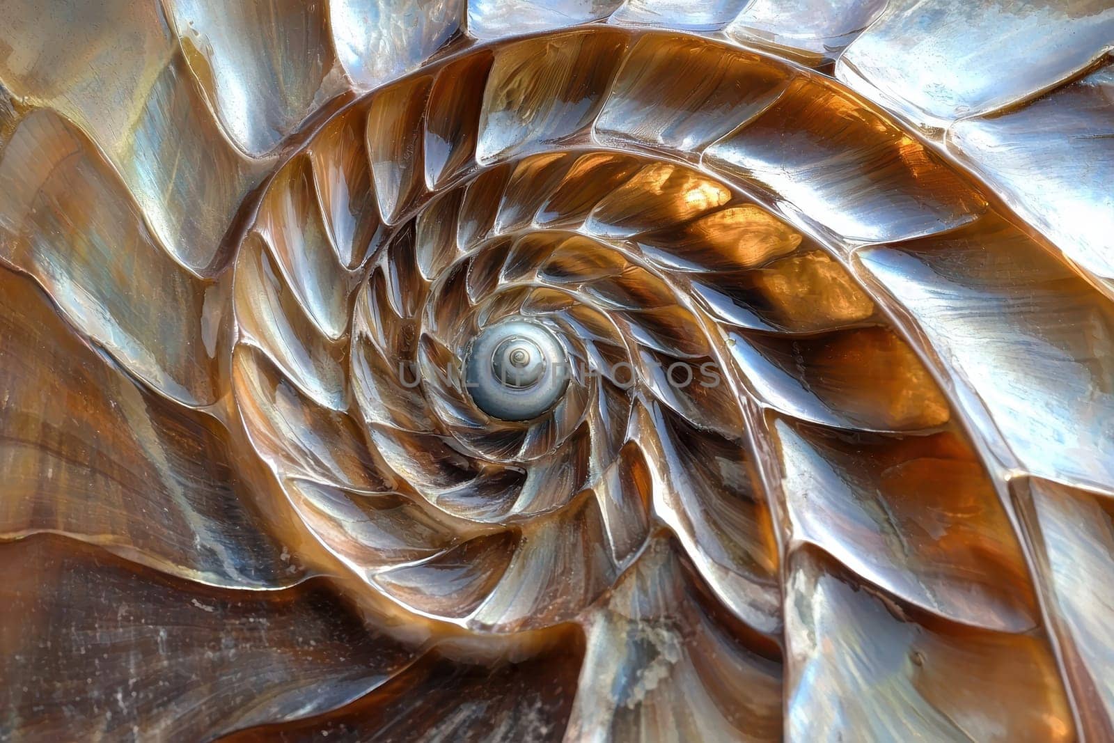 A stunning close-up of a nautilus shell, showcasing intricate spirals that symbolize the golden ratio. This natural artwork embodies harmony and beauty in design.