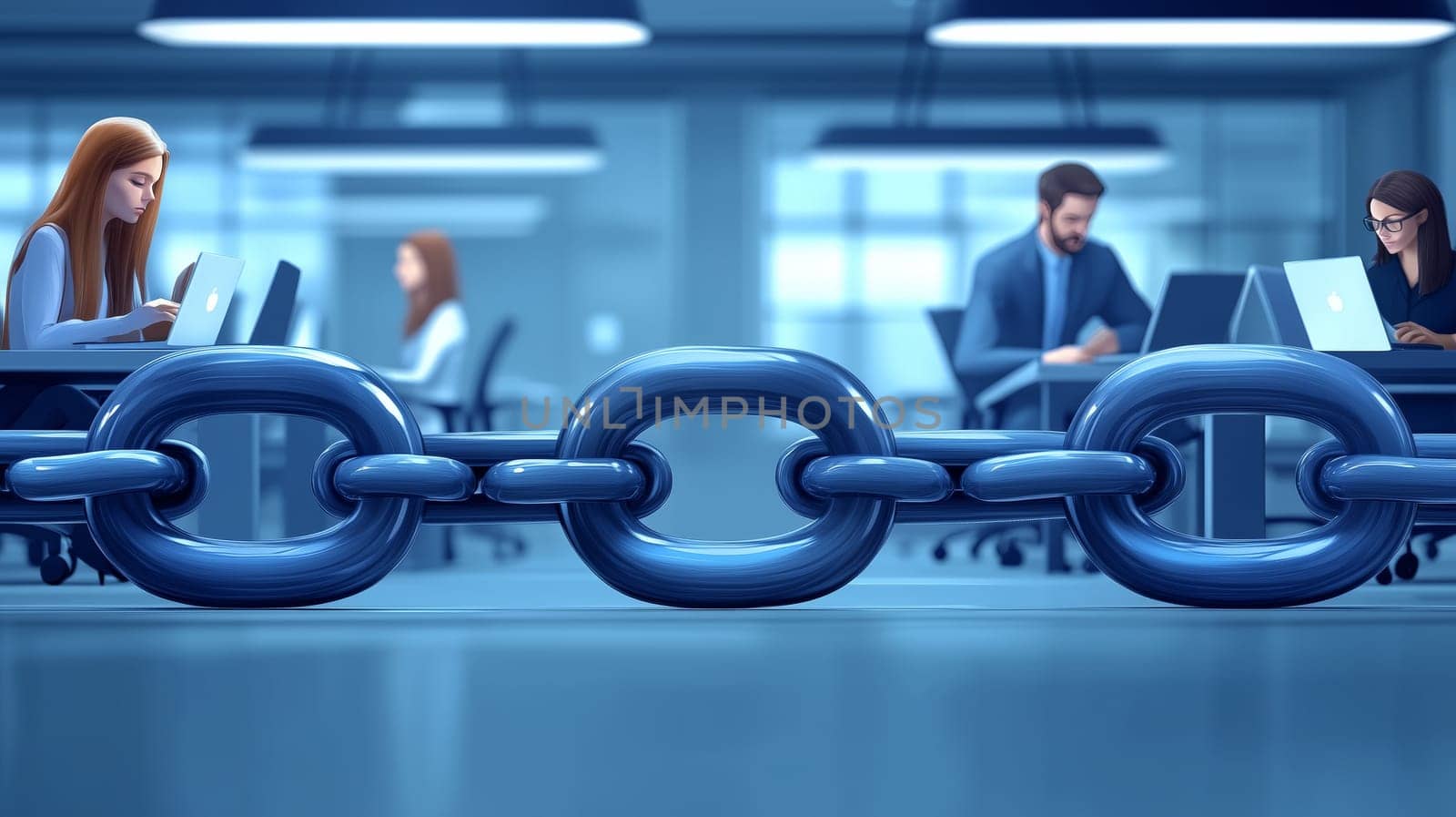 Large metal chain in the foreground with office workers behind, symbolizing teamwork, connection, or corporate constraints.