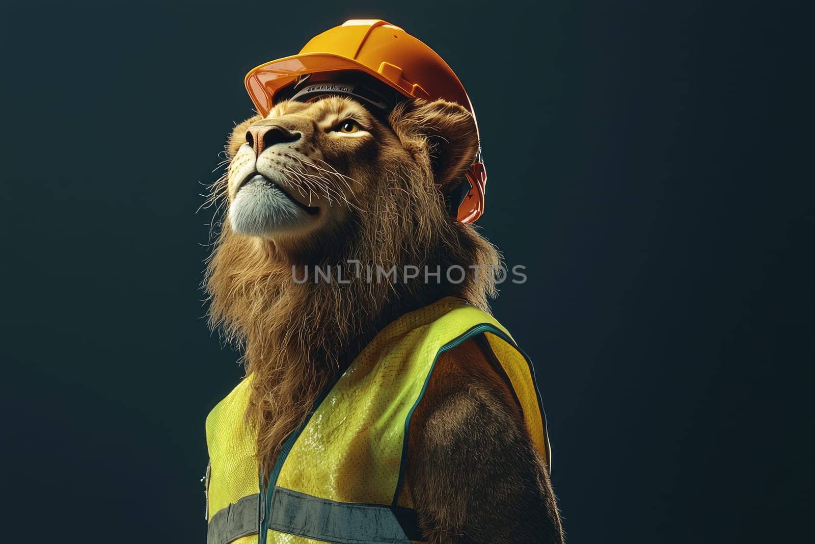lion wearing hard hat and neon vest stands confidently.