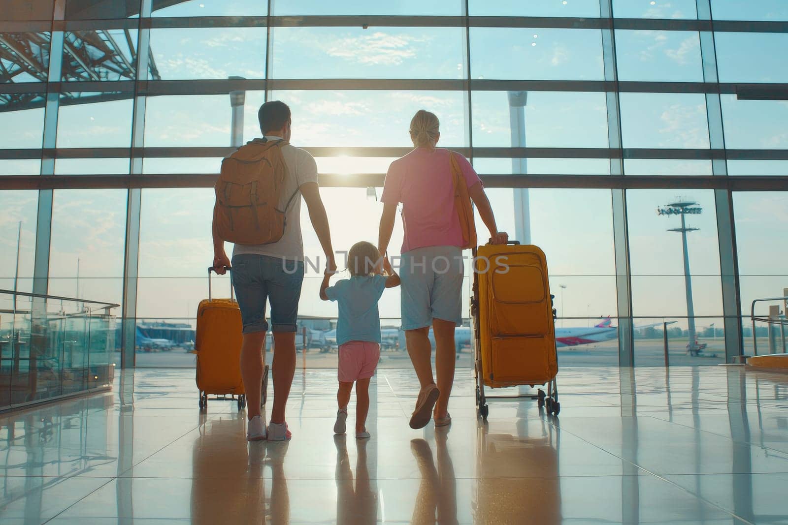 Family travel at airport, enjoying time together with luggage.