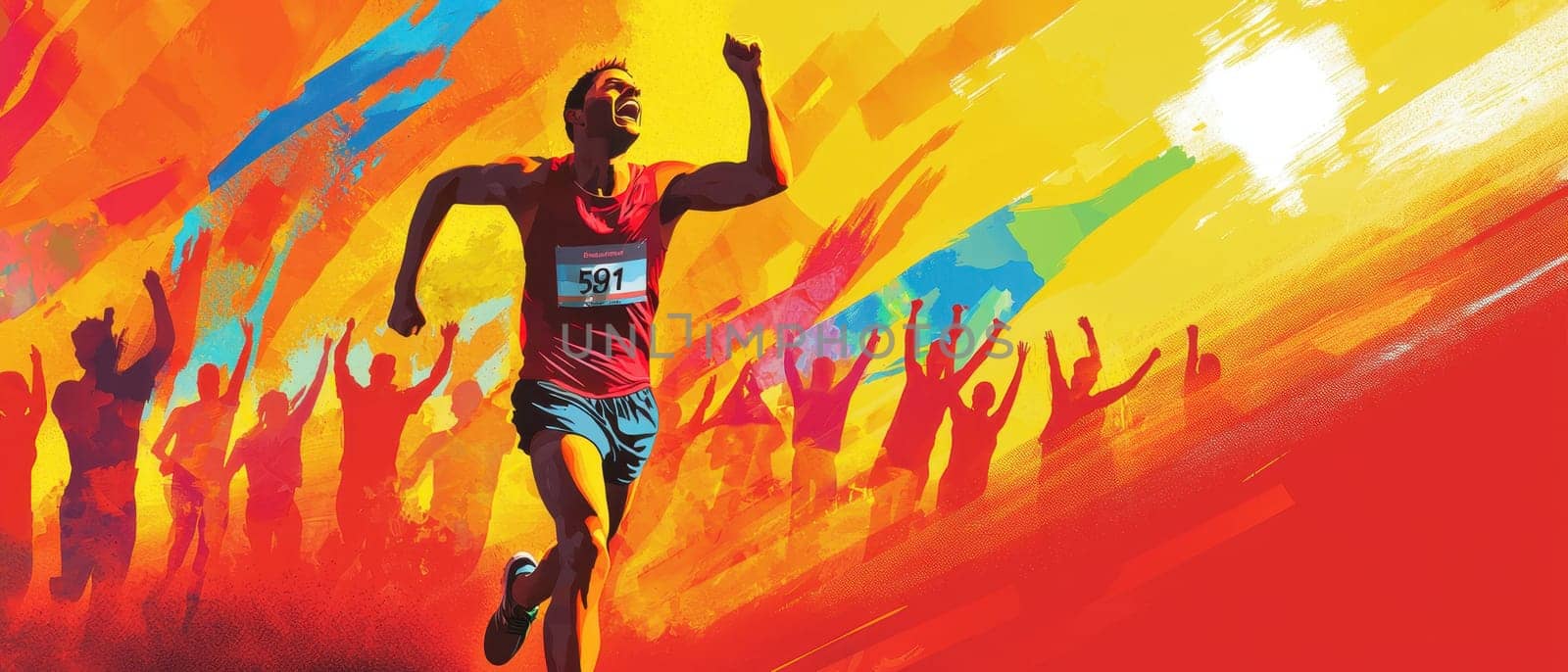 Colorful poster depicting an energized marathon runner celebrating victory amidst an enthusiastic crowd, capturing the spirit of competition and achievement.