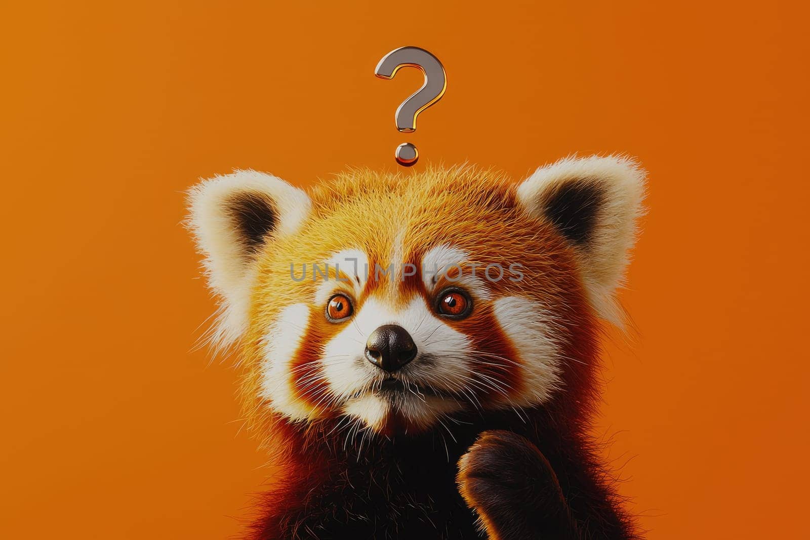 Curious red panda with question mark on orange background.
