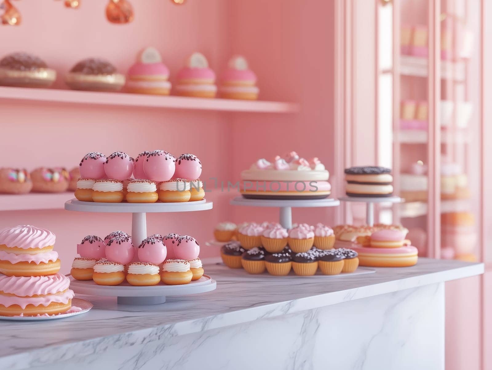 Display of assorted pastries and donuts on cake stands in a pink-themed bakery, showcasing decorative sweets in a stylish, pastel interior. No people.