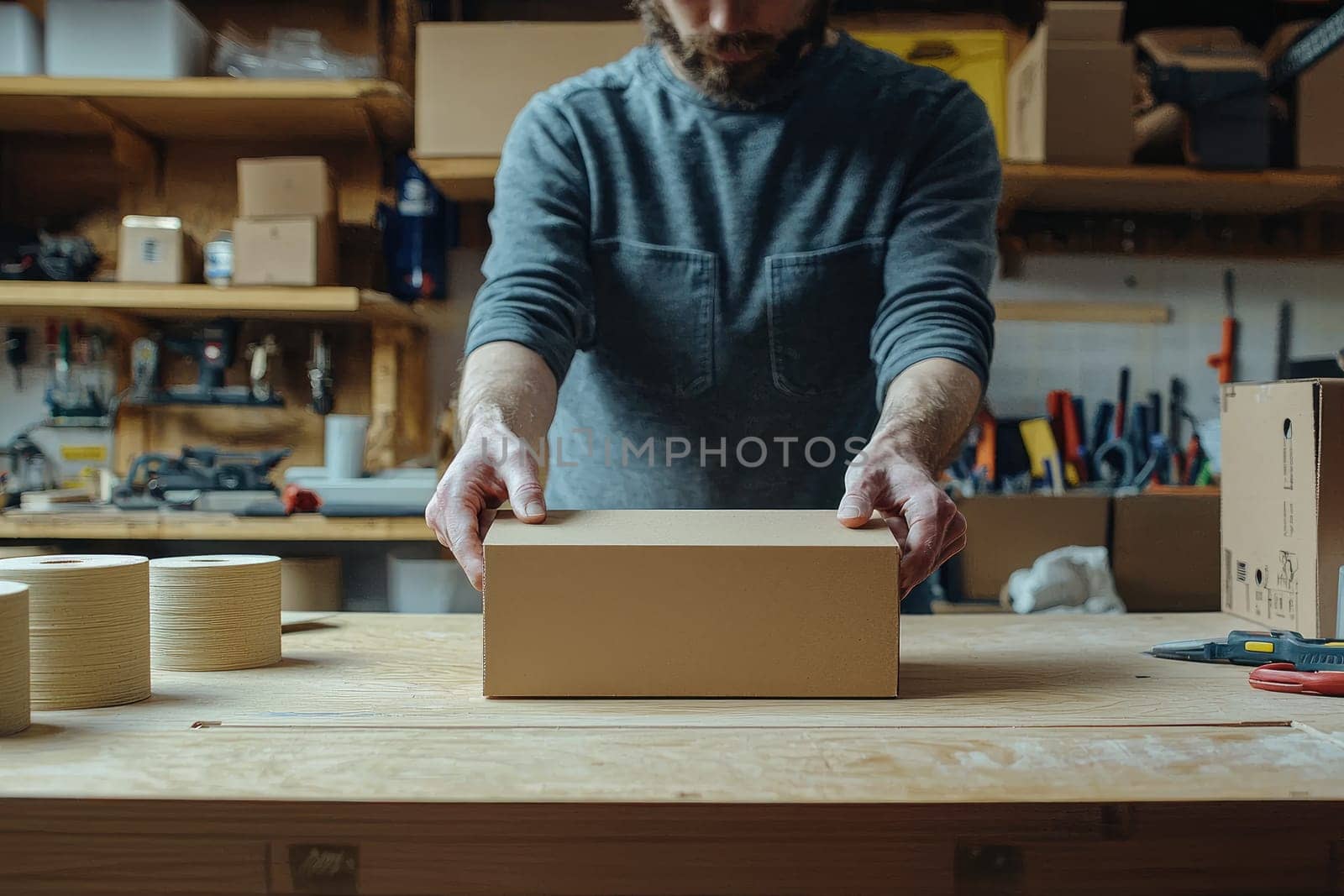 person carefully placing brown box on wooden table in workshop.