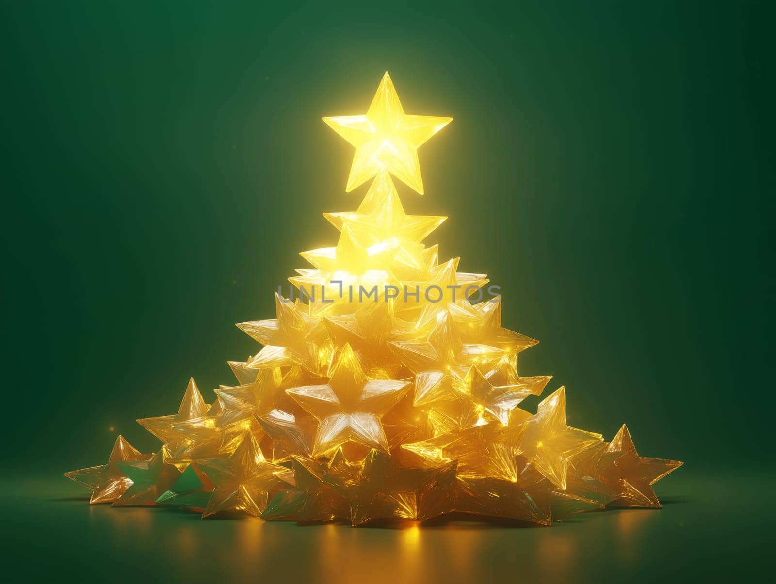 A creative Christmas tree formed by glowing star-shaped lights stacked in a pyramid shape, with a green background, creating a festive holiday ambiance.