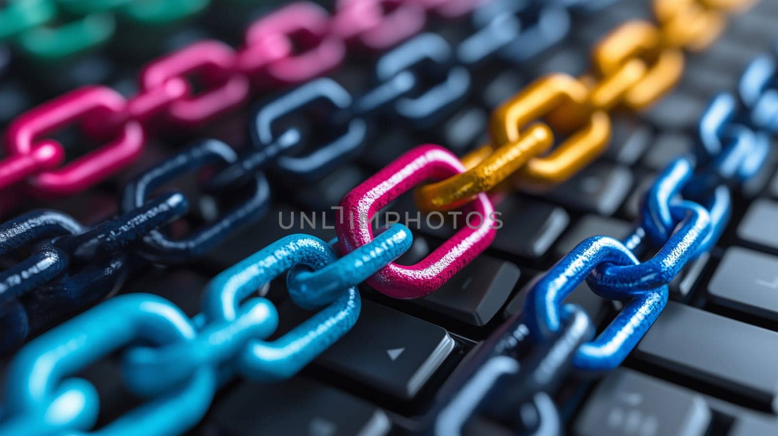 Close-up of vibrant metal chains laid across a computer keyboard, representing cybersecurity, data protection, and internet security concepts.
