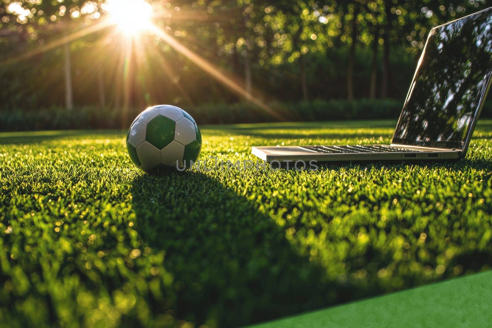 Soccer ball near laptop on green grass, enjoying sports betting outdoors.
