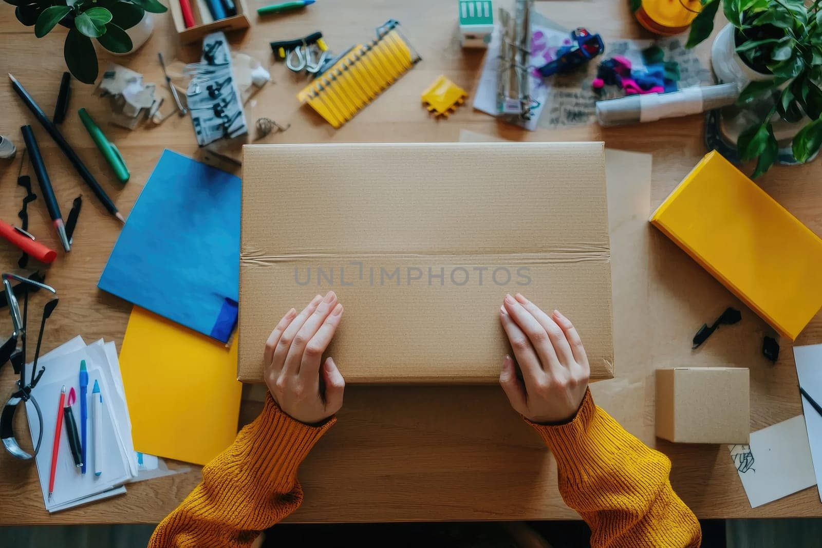 creative workspace with hands on package, surrounded by art supplies and stationery.