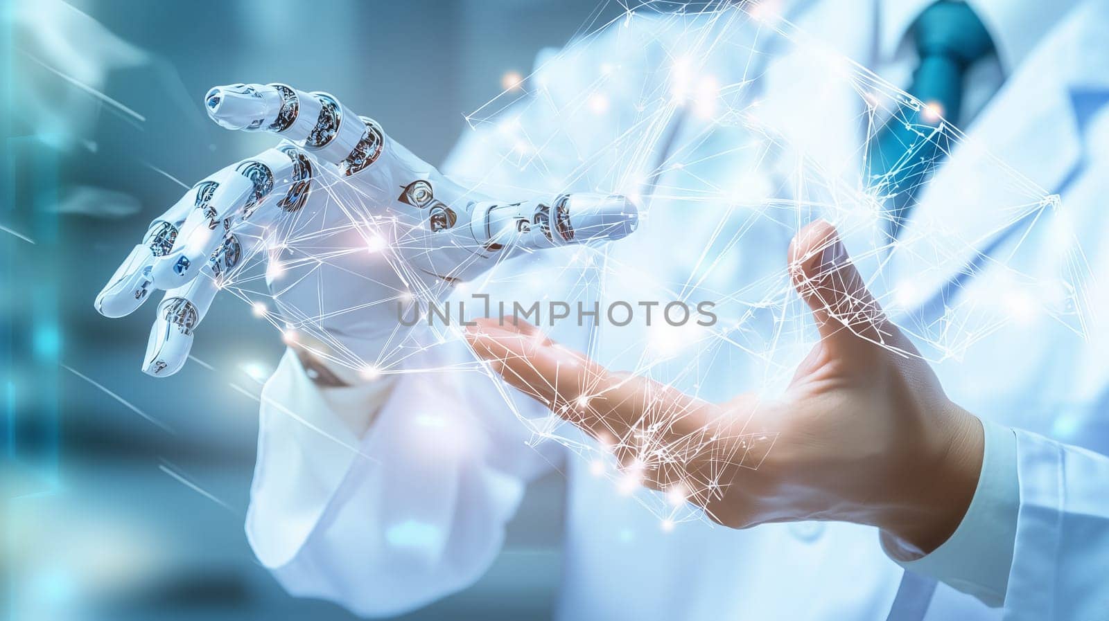 Close-up of a robotic hand reaching toward a human hand with digital network effects, symbolizing advanced technology and human-robot collaboration.
