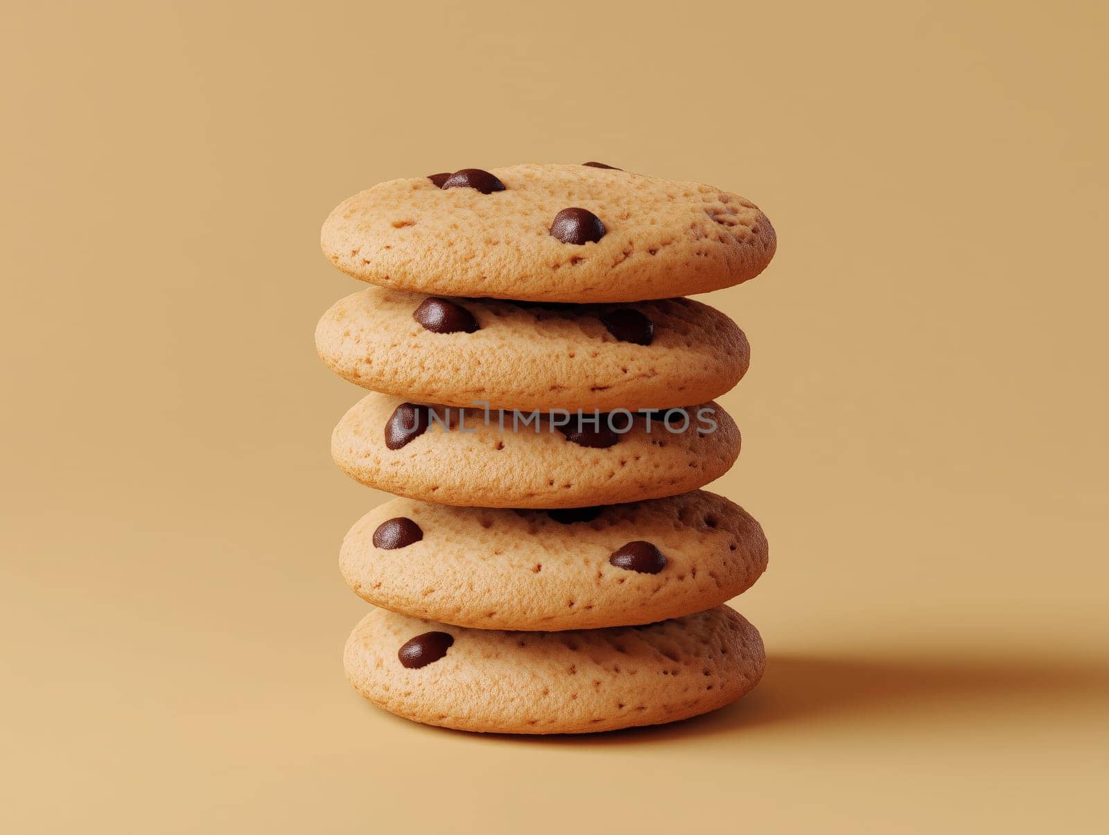 Close-up of a neatly stacked pile of chocolate chip cookies on a beige background, showcasing texture and simplicity. No people.