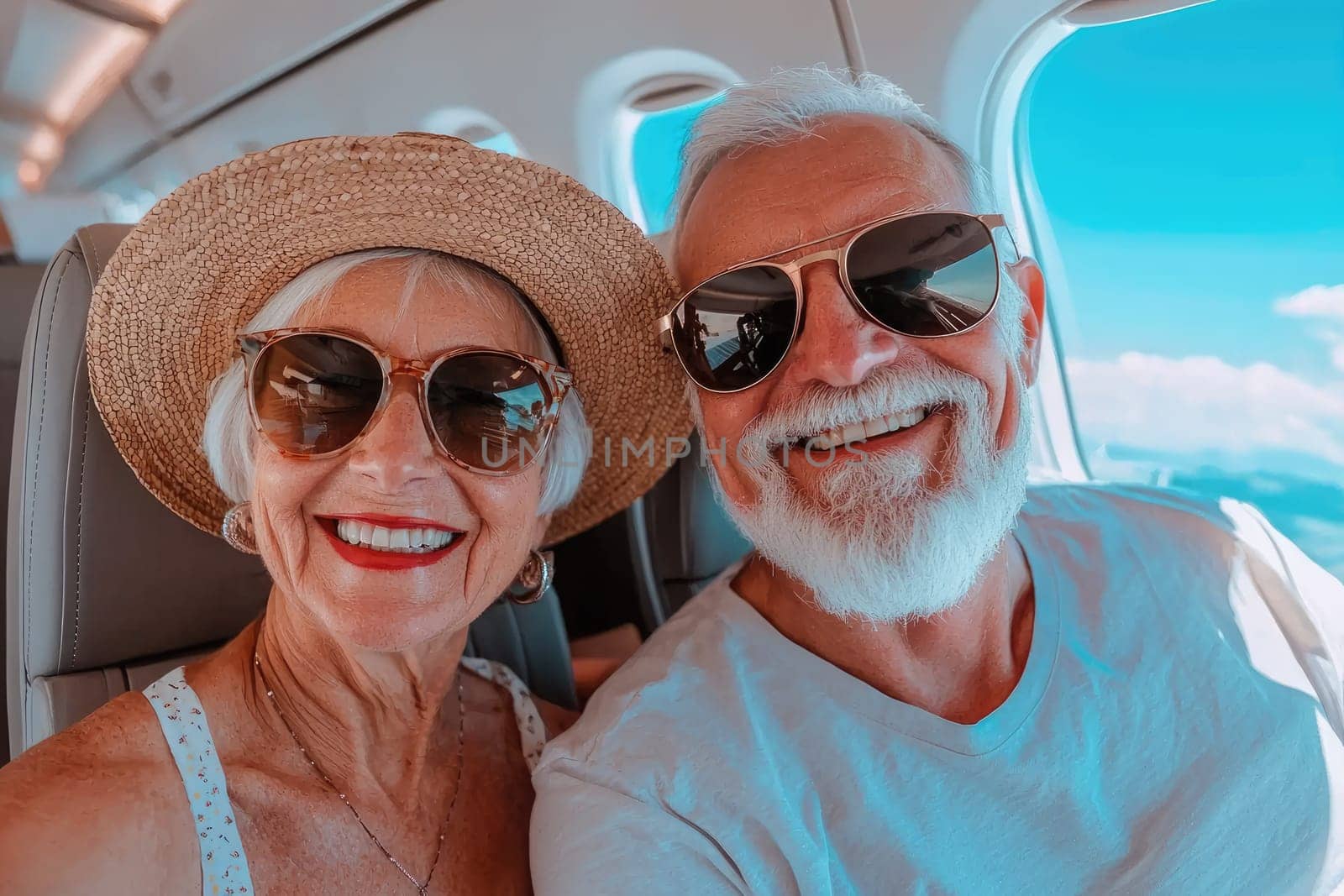 smiling senior couple enjoying their flight with sunglasses and hats.