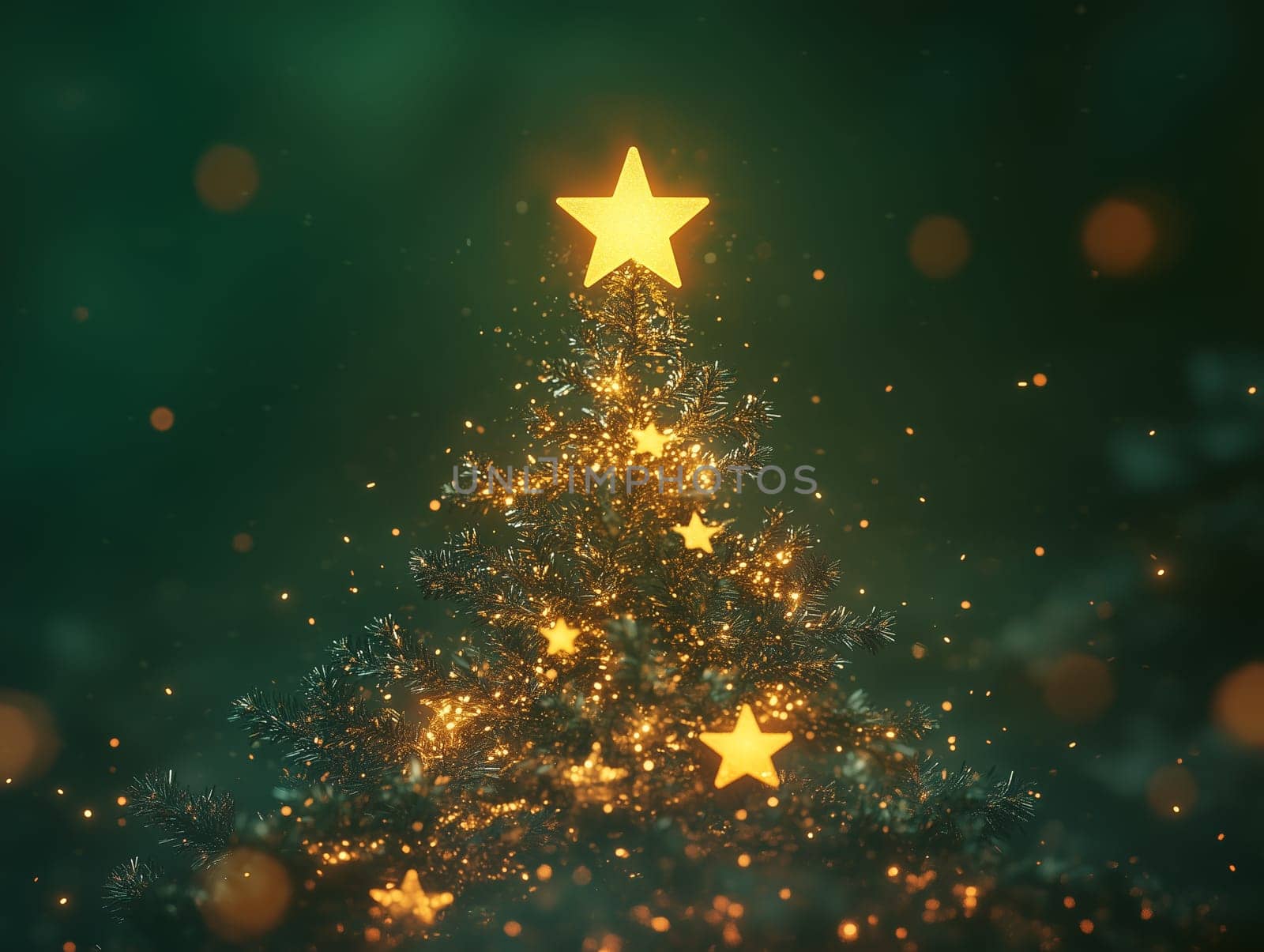 A creative Christmas tree formed by glowing star-shaped lights stacked in a pyramid shape, with a green background, creating a festive holiday ambiance.