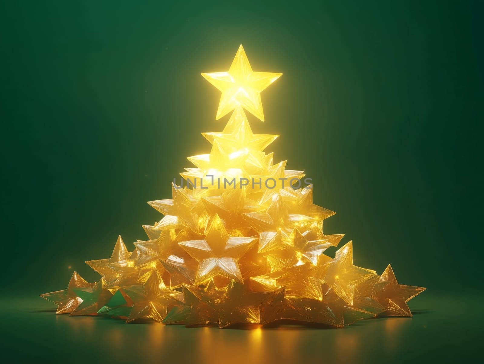 A creative Christmas tree formed by glowing star-shaped lights stacked in a pyramid shape, with a green background, creating a festive holiday ambiance.