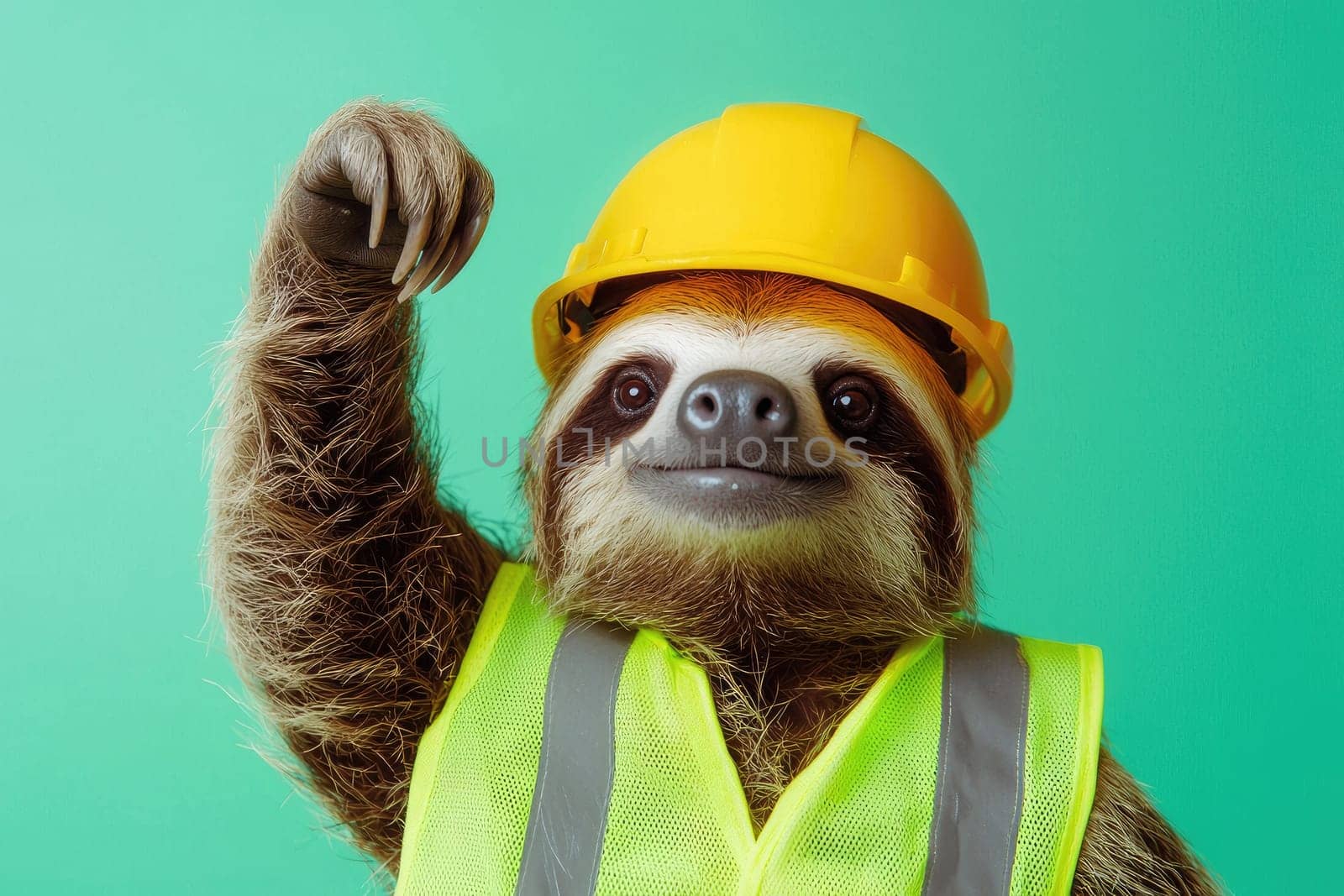 Smiling sloth in bright yellow vest and helmet, cheerful expression.