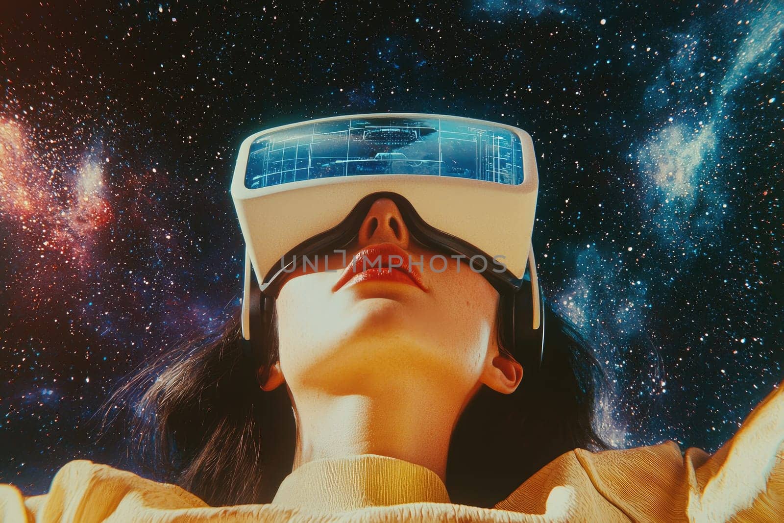 Surreal futuristic woman wearing VR headset in cosmic space.