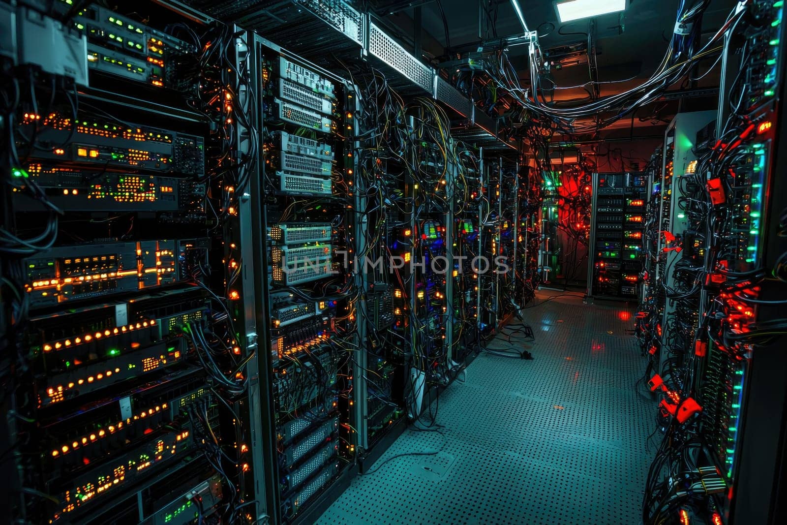 Data center filled with servers and networking equipment, glowing lights.