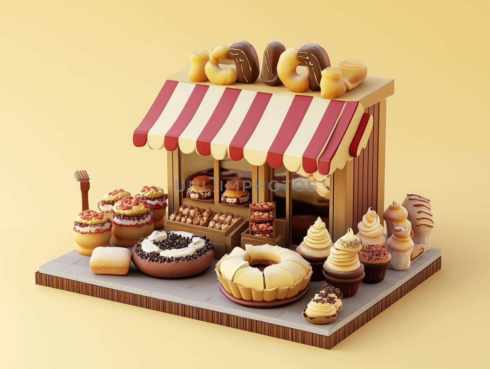 Miniature model of a bakery stall with striped awning displaying an assortment of pastries and desserts on a yellow background. Detailed and decorative setup. No people.