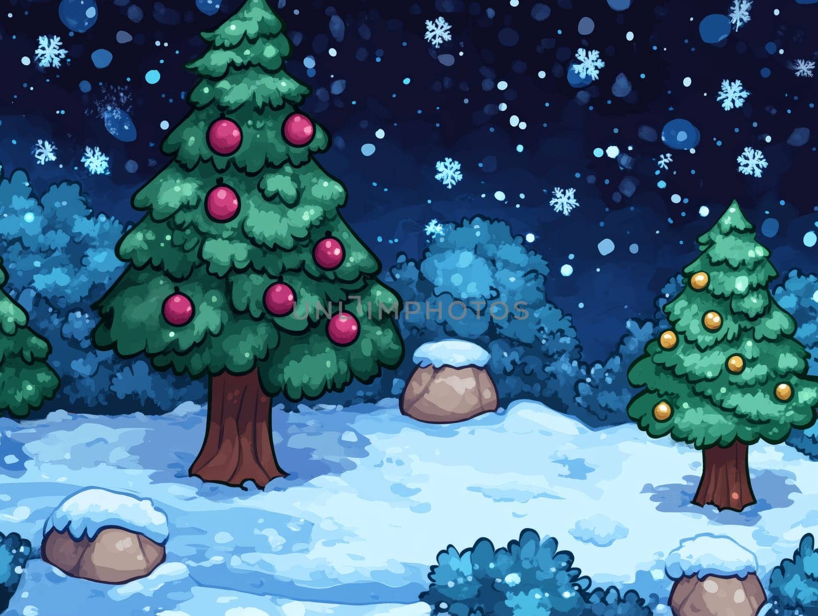 Cartoon-style winter forest scene with decorated Christmas trees, snow-covered ground, and falling snowflakes, creating a festive and magical atmosphere.