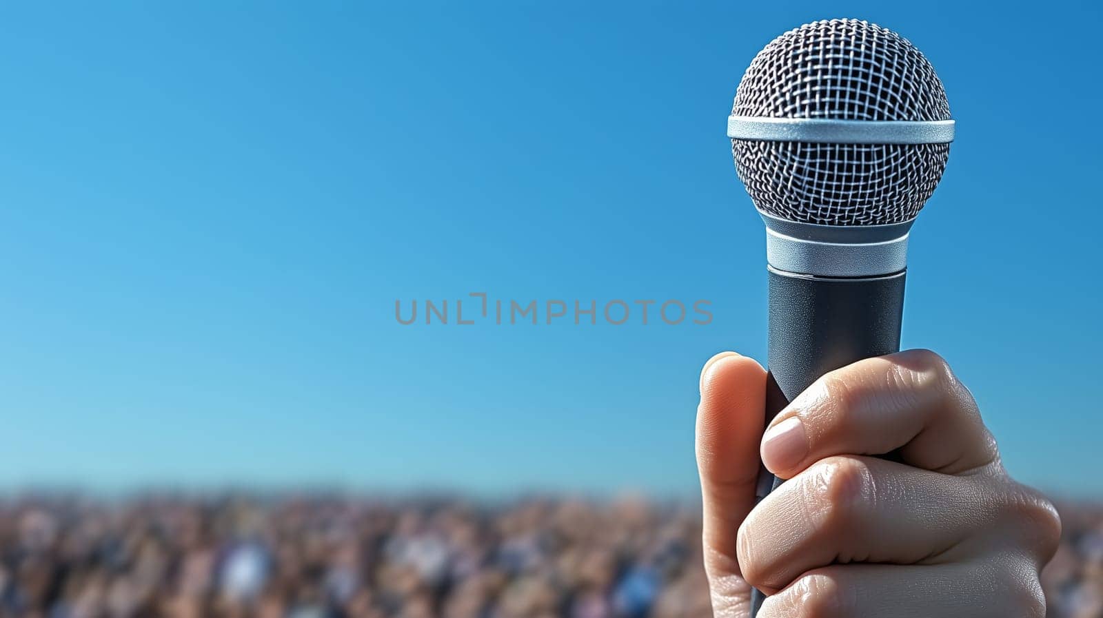 Close-up of a hand holding a microphone, facing a blurred crowd, symbolizing public speaking or performance.