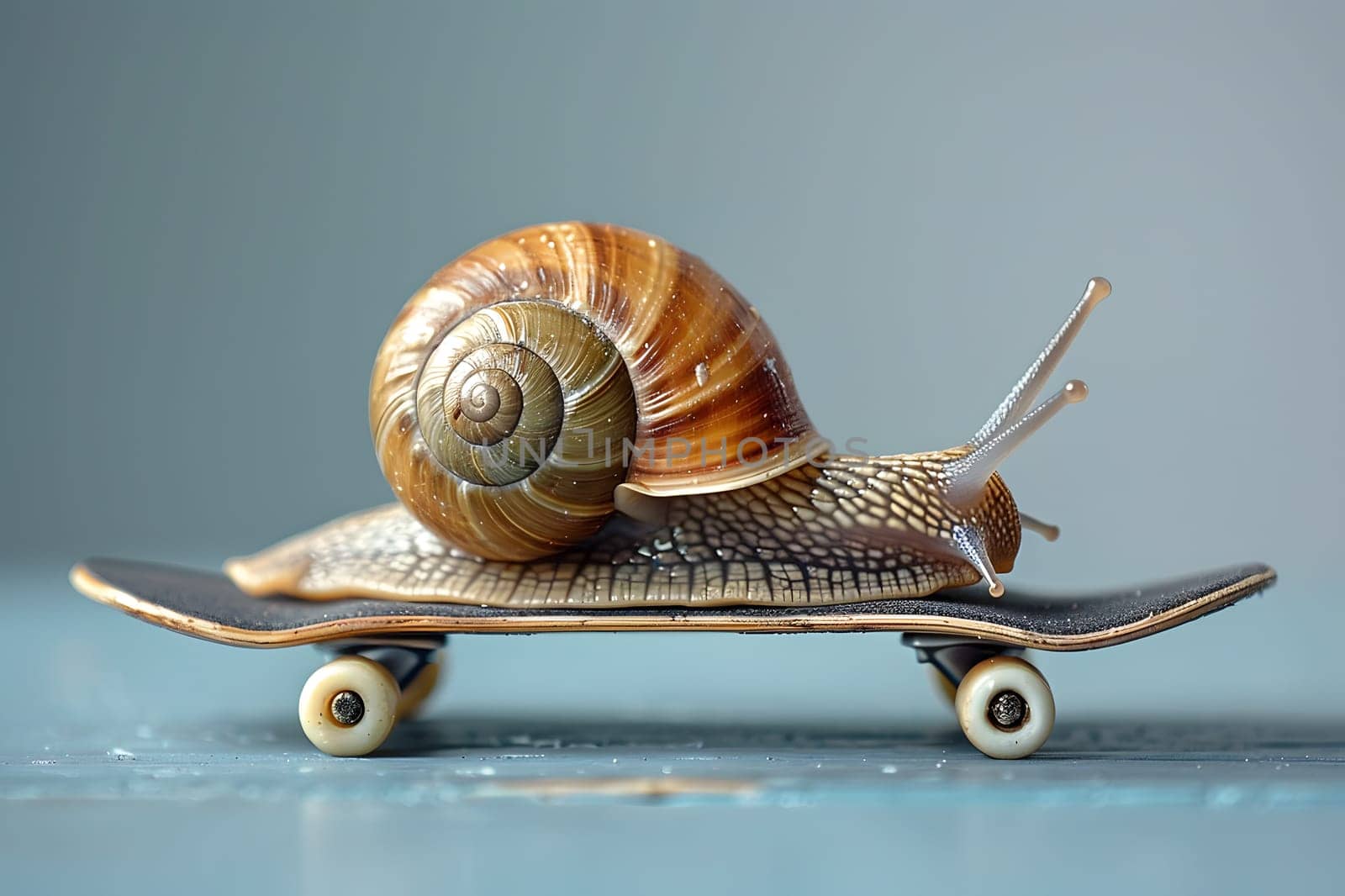 A terrestrial snail is perched on a skateboards wooden deck, with its shell glistening in the sunlight. The wheels of the vehicle are made of a natural material, propelling the mollusc forward