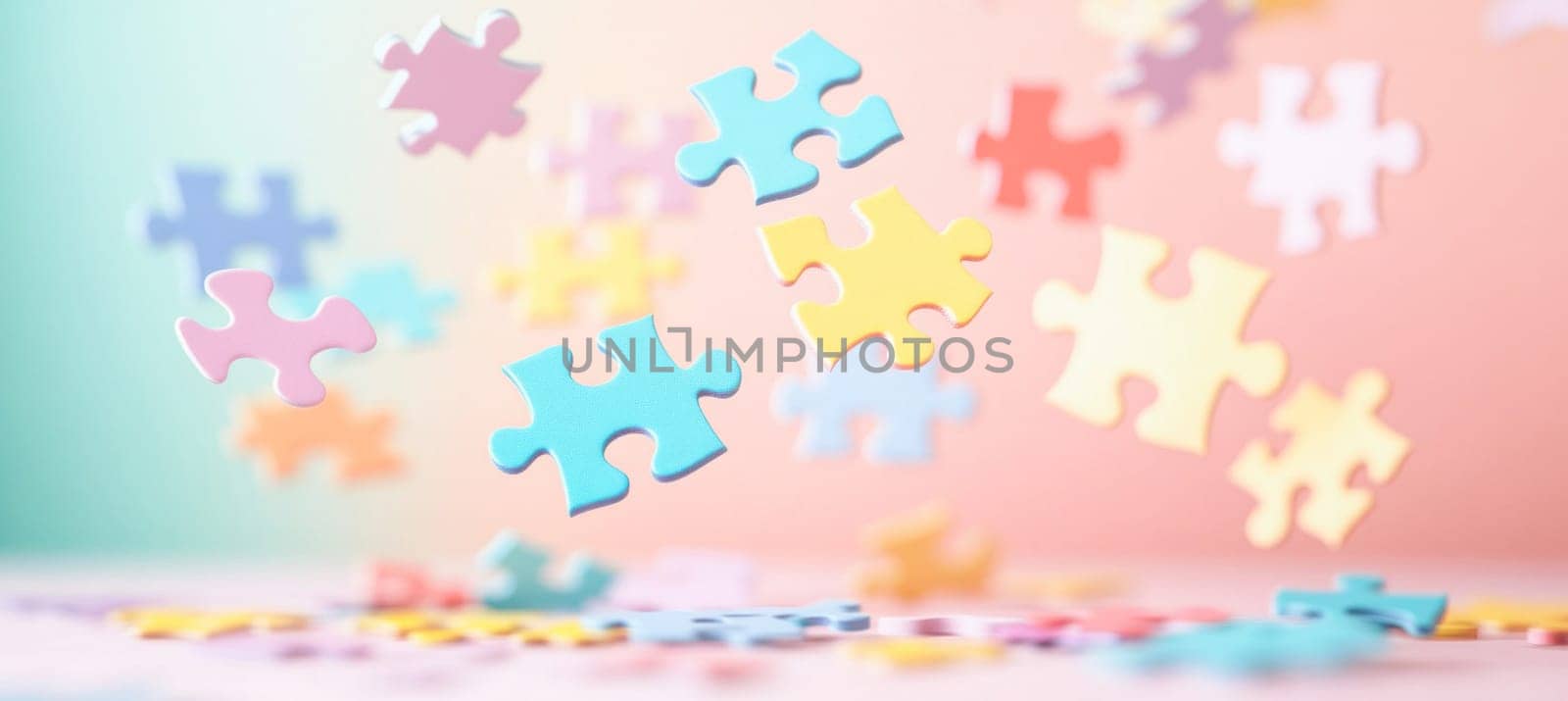 Jigsaw puzzle pieces floating against a pastel background, representing problem-solving, teamwork, and creative thinking