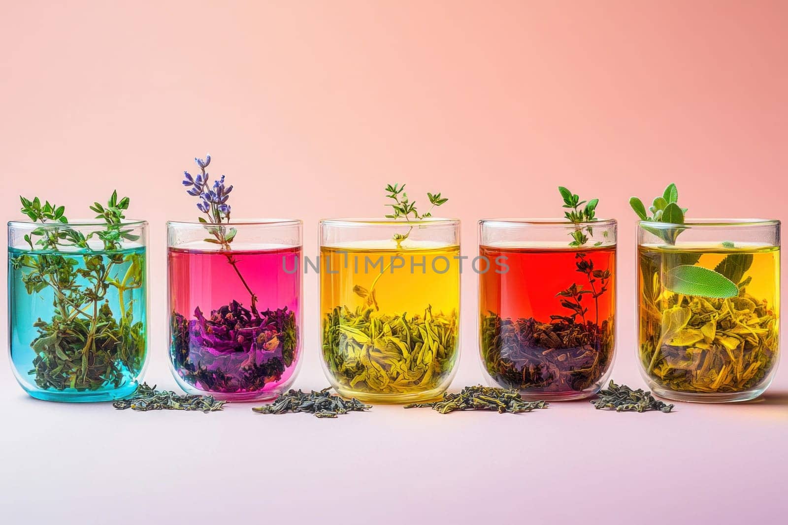 Five colorful herbal tea infusions and dried herbs are displayed in glass cups on a pink background
