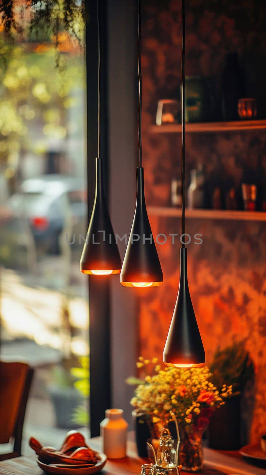 Warm light from three modern black pendant lamps illuminating cozy restaurant interior with flowers and tableware