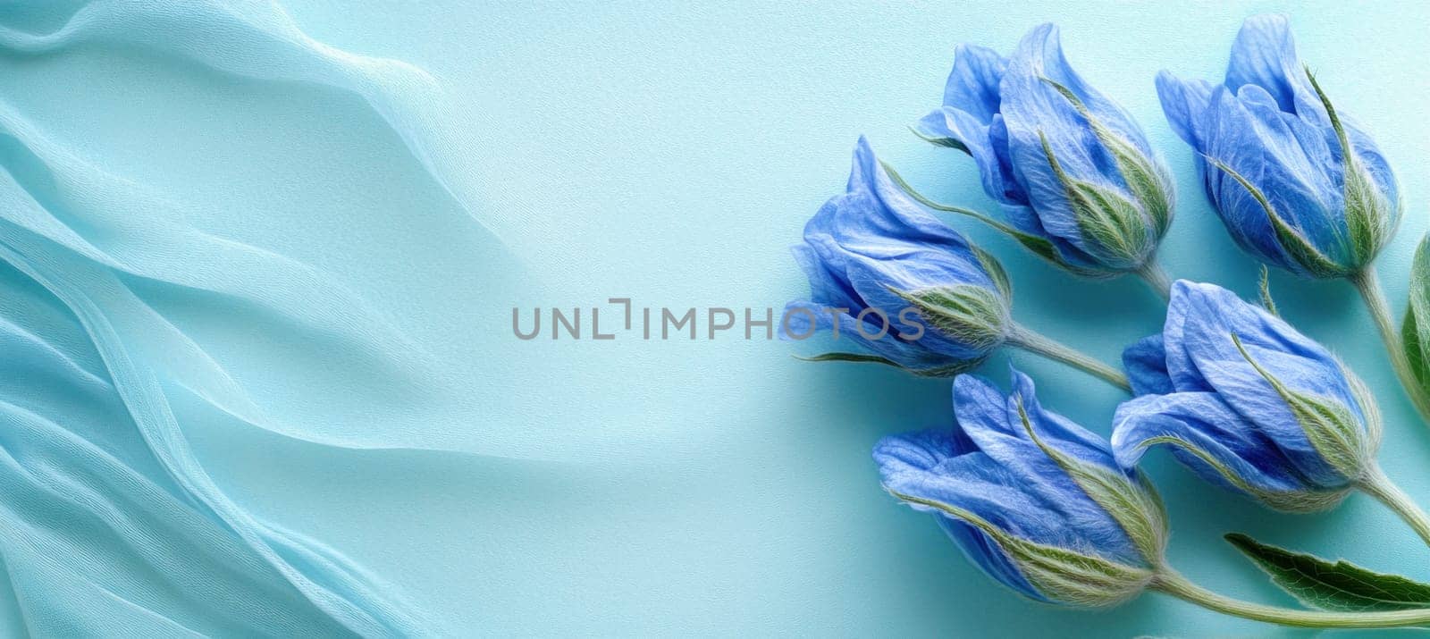 Beautiful blue eustoma flowers lying on pastel blue chiffon background creating a delicate and elegant composition