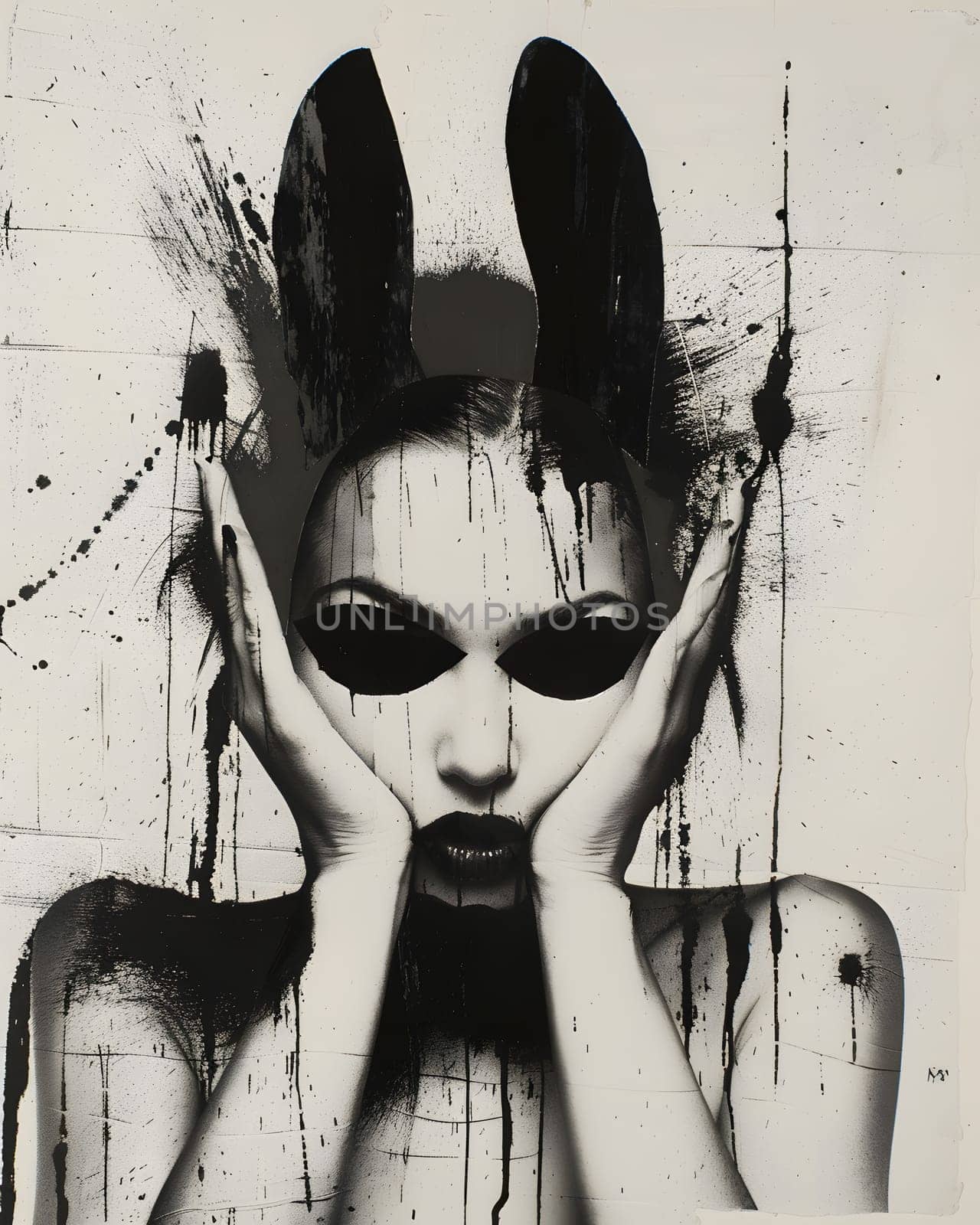 Stylized portrait of a woman with dark eyes and bunny ears in abstract art style
