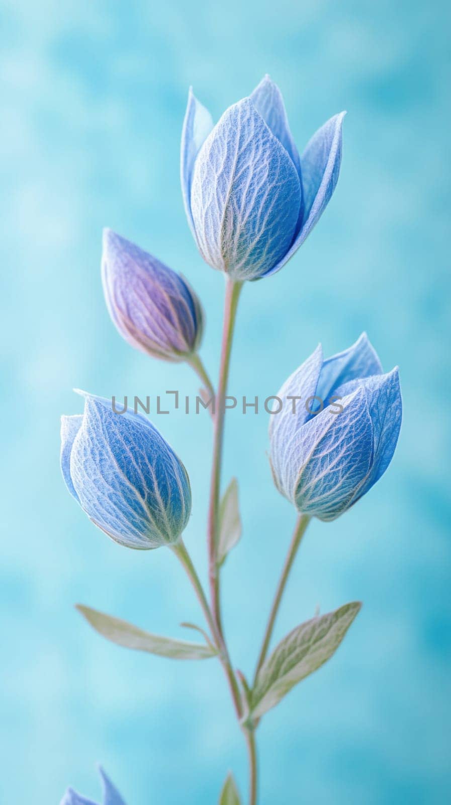 Close-up of blue flower buds on a turquoise background, showcasing delicate petals and gentle color gradients
