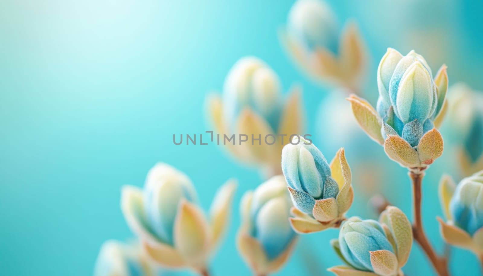 Magnolia buds are blooming, displaying delicate pastel colors against a serene blue backdrop, celebrating the beauty of nature's renewal