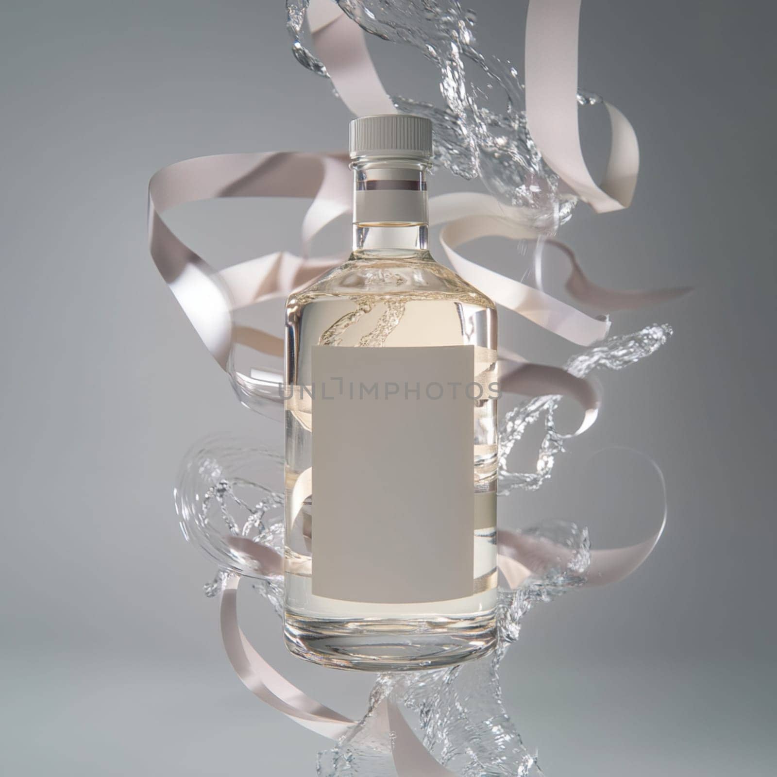 Transparent bottle filled with liquid is standing in the middle of a big splash of water, creating interesting shapes and reflections