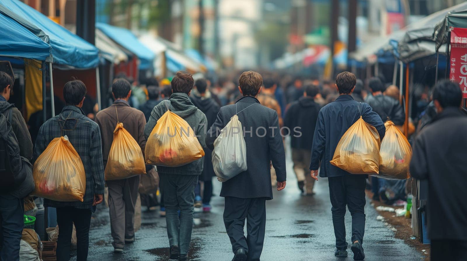A group of people seen from behind walking through a bustling street market, each carrying a filled bag, creating a scene of urban daily life and commerce.