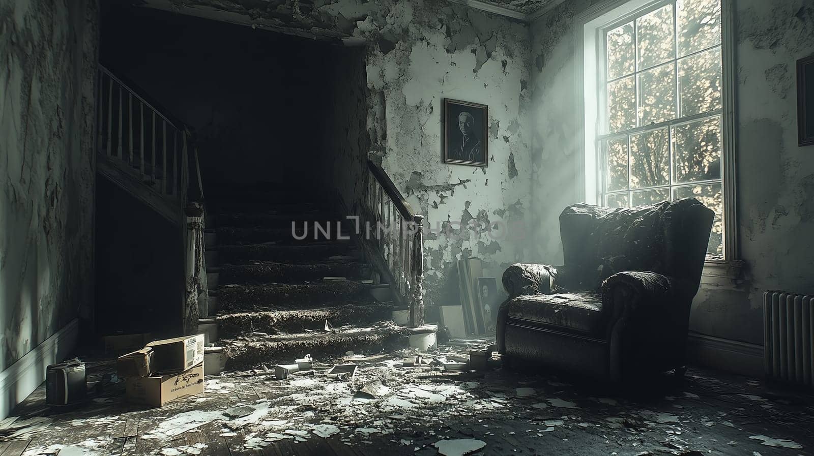 Sunlight filters through a window, illuminating an abandoned room with peeling walls and a vintage armchair. The atmosphere is eerie and nostalgic