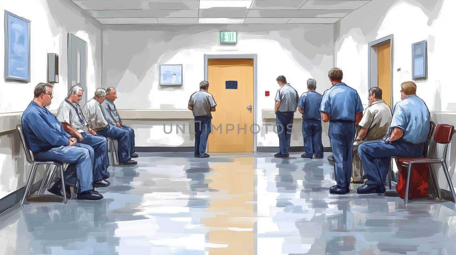 Group of men in casual clothing waiting in a brightly lit hallway, suggesting themes of patience and routine.